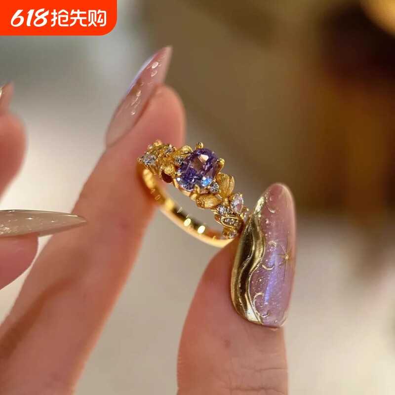 小红书同款金色紫荆花活口戒指女复古轻奢精致椭圆锆石高级感指环