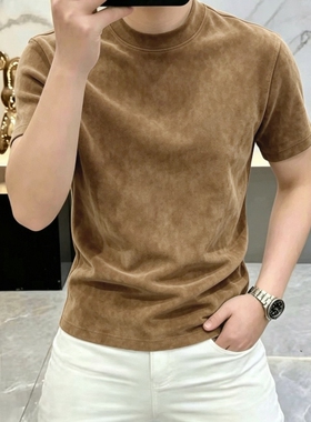 百搭纯色短袖男生夏季美式仿麂皮绒时尚五分袖T恤学生紫色黑色