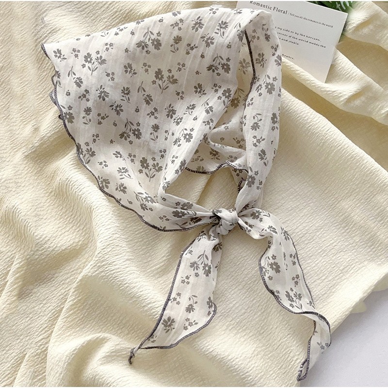 森系小碎花三角巾棉质护颈小领巾微卷边夏季轻薄防晒包头巾配饰女