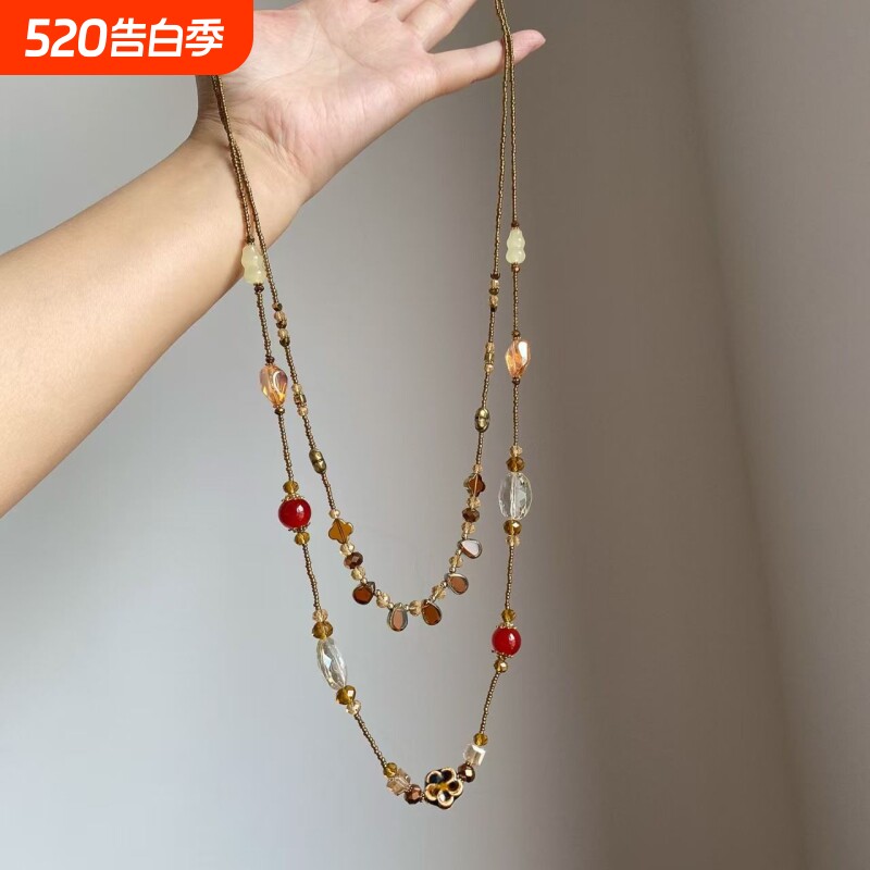 中古vintage双层陶瓷水滴葫芦花朵项链复古个性小众高级感锁骨