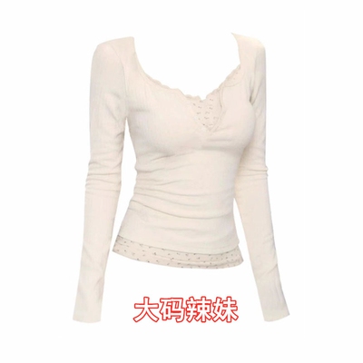 长袖上衣女春秋美式纯欲辣妹新款碎花假两件修身显瘦套头T恤大码