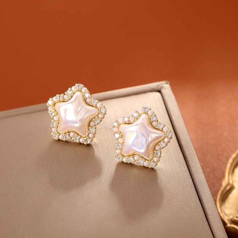 超闪亮锆石珍珠五角星耳钉时尚高级感精致小巧耳饰百搭小仙女饰品