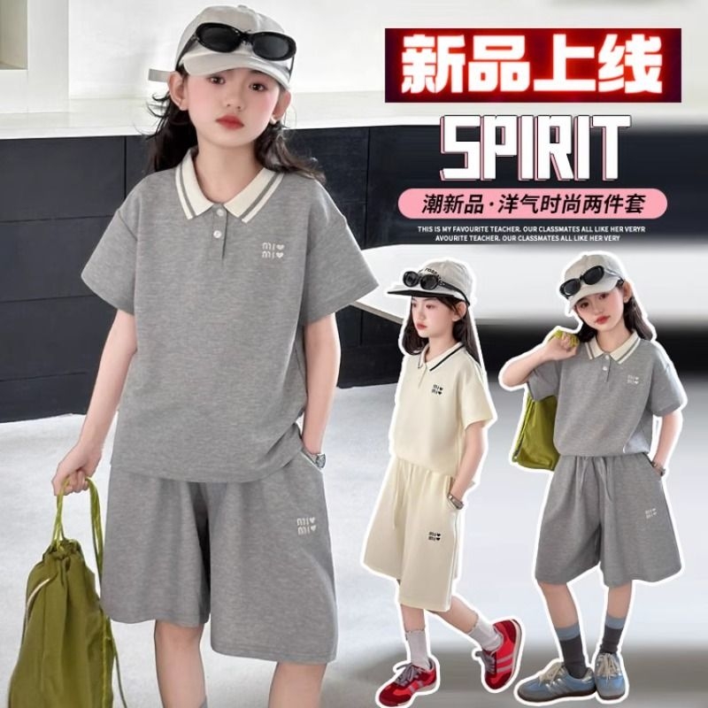 女童短袖套装2025夏装新款中大童洋气polo领上衣宽松短裤两件