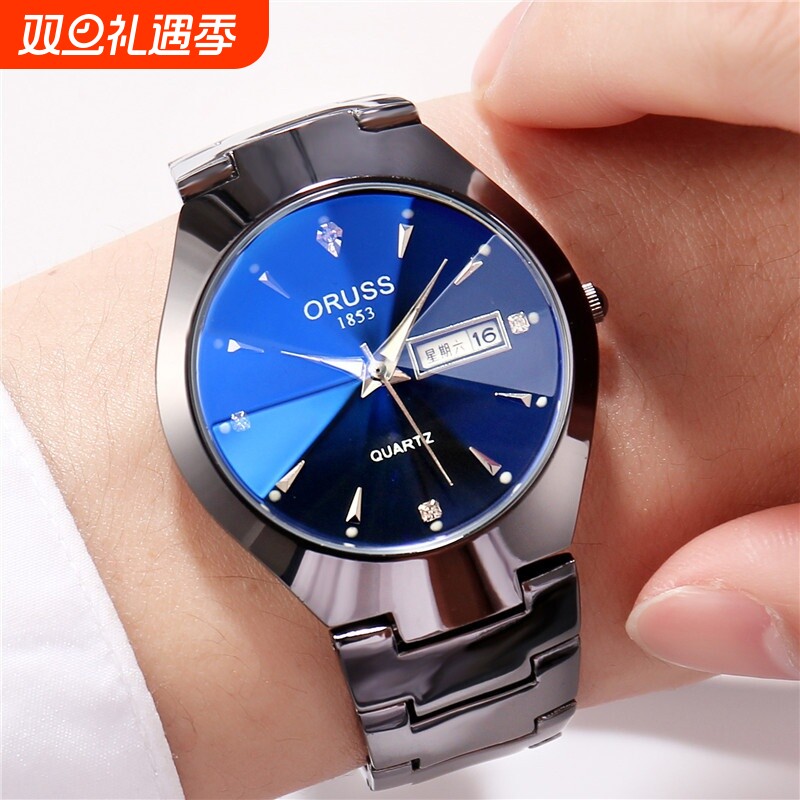 男士钢带石英手表商务夜光防水男表双日历休闲男女情侣腕表批发