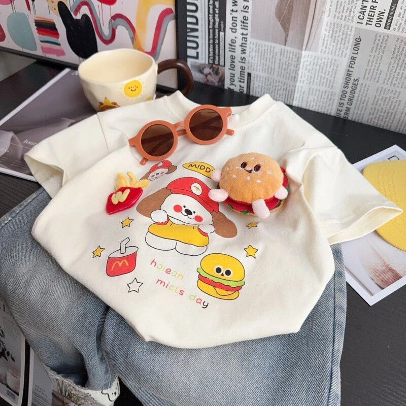 立体卡通玩偶汉堡薯条短袖T恤纯棉夏装新款宽松可爱公仔儿童上衣