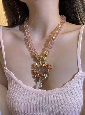 中古vintage睡梦天使吊坠爱心项链女复古珐琅粉色闪钻串珠锁骨链