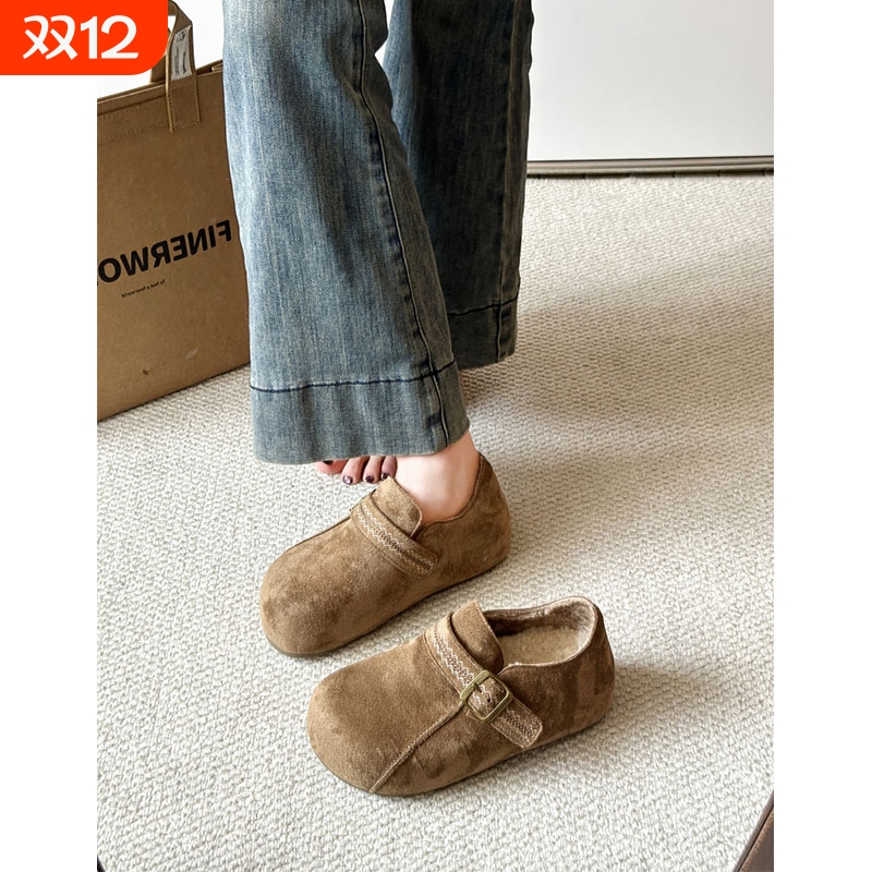 厚底内增高加绒勃肯鞋女2025秋冬新款豆豆乐福鞋一脚蹬博肯棉鞋子