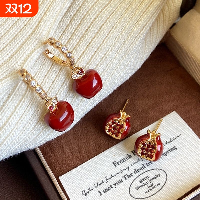 安可拉红滴油苹果石榴耳钉女设计感气质显白耳环时尚轻奢高级耳饰