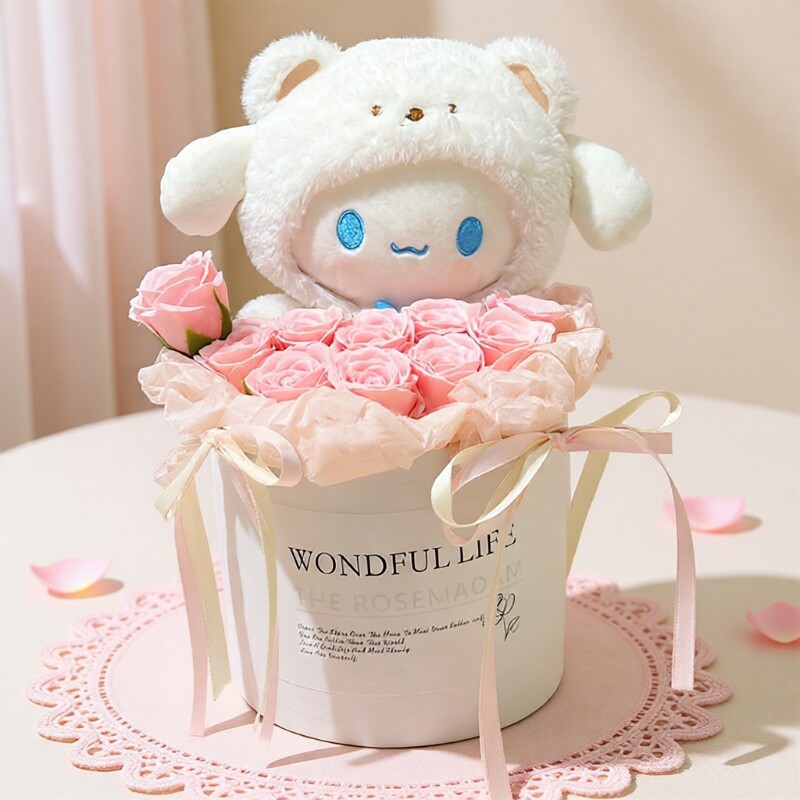 花束玉桂狗玩偶永生花朋友生日礼物送女生闺蜜情人节抱抱桶送女友