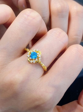 法式布契拉提风蓝色锆石四瓣花开口戒指女小众设计轻奢高级感手饰