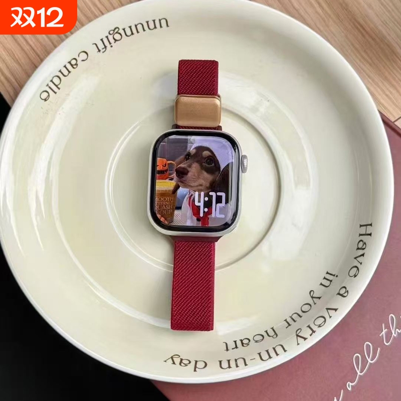 【小红书爆款】适用iwatch10表带S11苹果手表applewatch9秋冬新款S8细版尼龙S7磁吸S6酒红可爱透气SE女S5运动