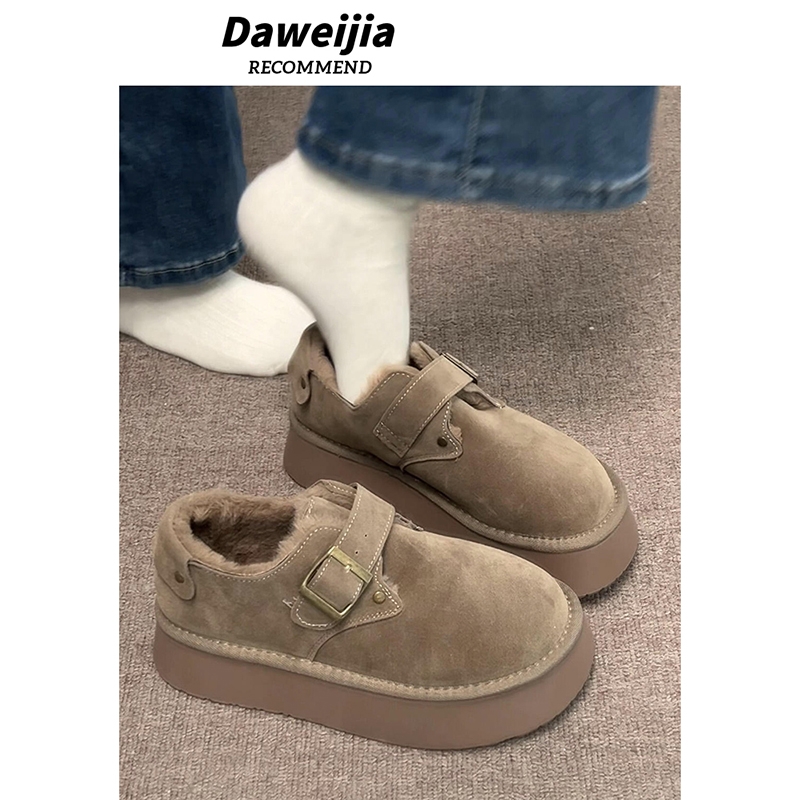 牛皮版~厚底增高加绒勃肯鞋保暖一脚蹬棉鞋女百搭单鞋休闲毛毛鞋