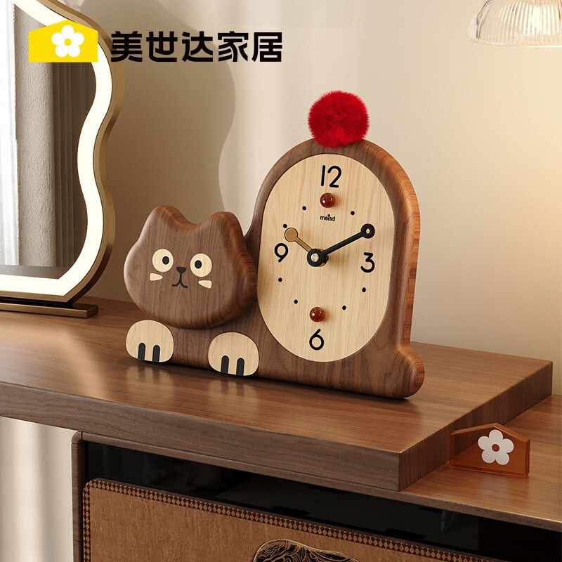 美世达创意桌面时钟摆件摆放式客厅玄关钟表复古实木招财猫台钟