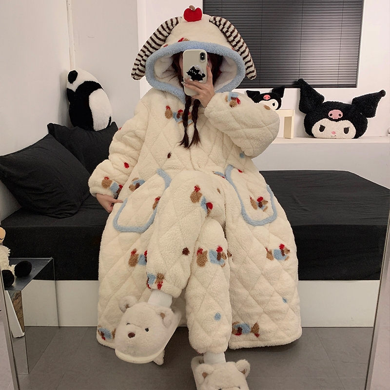 冬季睡袍女三层夹棉加厚连帽套装