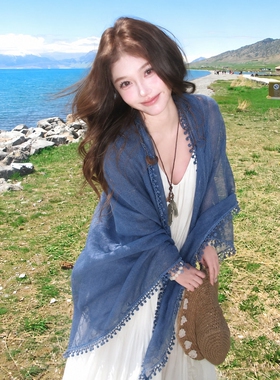 旅游蓝色披肩女外搭配裙子