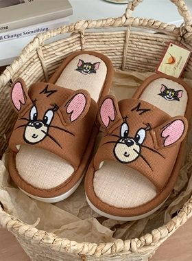 ins正版猫和老鼠网红汤姆猫杰利鼠四季棉麻拖鞋防滑地板鞋男女士
