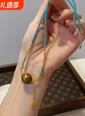 赤金螺钿大漆锁骨链搭配菱镁矿项链饰品时尚配饰松石绿松