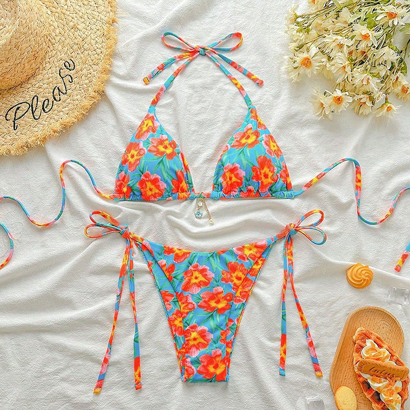 2025跨境欧美ins三点式印花性感比基尼 海边沙滩露背系带分体泳衣