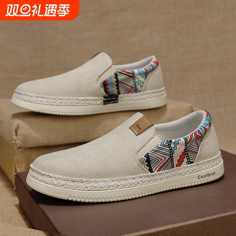 男鞋夏季透气休闲帆布老北京布鞋懒人一脚蹬工作开车潮鞋厚底低帮
