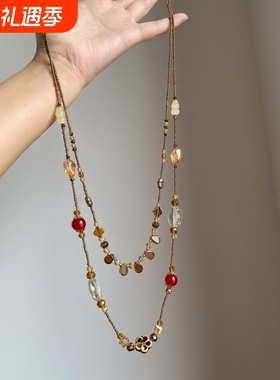 中古vintage双层陶瓷水滴葫芦花朵项链复古个性小众高级感锁骨链