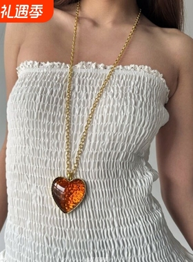 重工高级复古橙色琥珀十字架爱心金色叠戴长款项链毛衣链