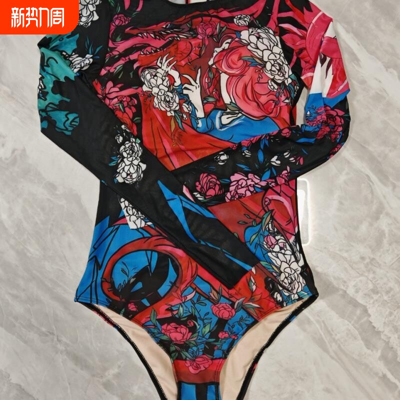 源头厂家俄罗斯热销多色网纱防晒连体泳衣性感长袖泳装女 无罩杯