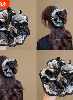 韩系双层大号大肠发圈女高级感丸子头碎花蕾丝发饰头绳