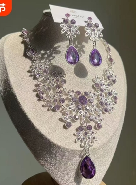 超闪紫色锆石花朵项链耳环套装女小众设计高级晚宴礼服配饰锁骨链