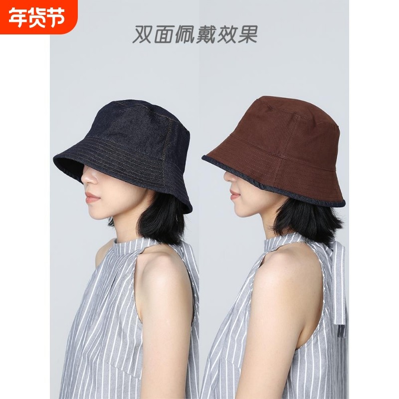 双面可戴新款牛仔帽渔夫帽2025春夏女户外防晒帽子大头围遮阳盆帽