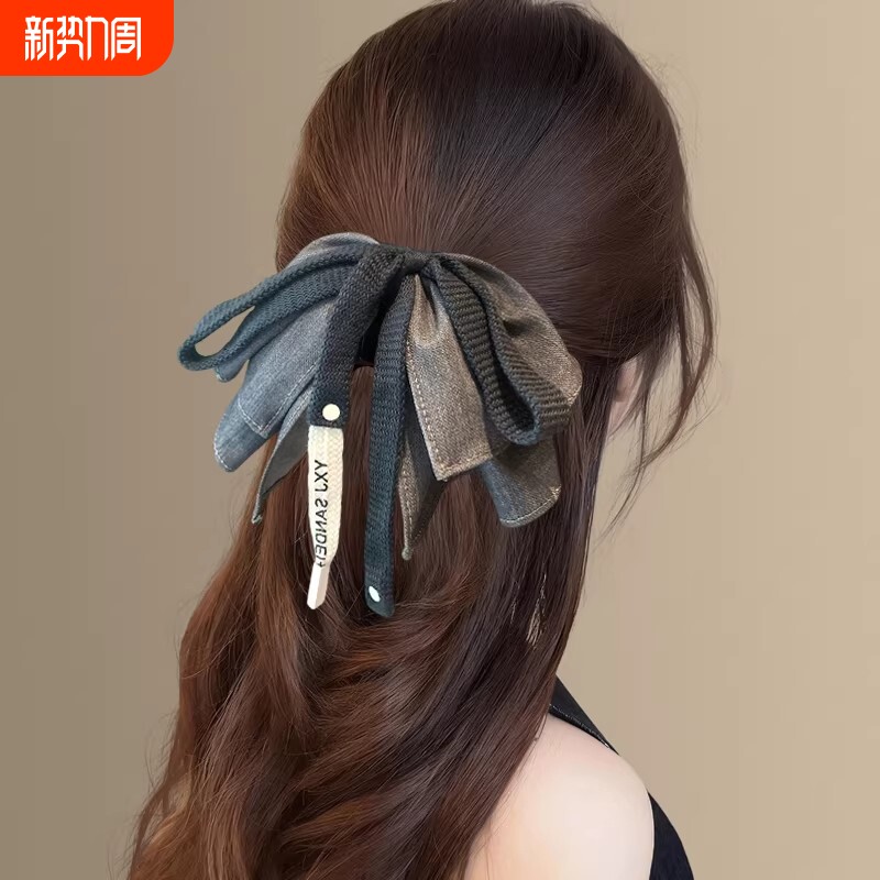 双层蝴蝶结飘带抓夹马尾夹发夹女后脑勺高级感鲨鱼夹发饰头饰牛仔