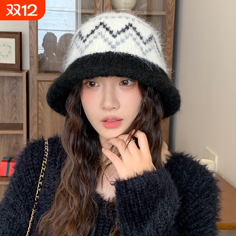 针织渔夫帽女秋冬民族风帽子保暖水桶帽显脸小盆帽潮红色灰色黑色