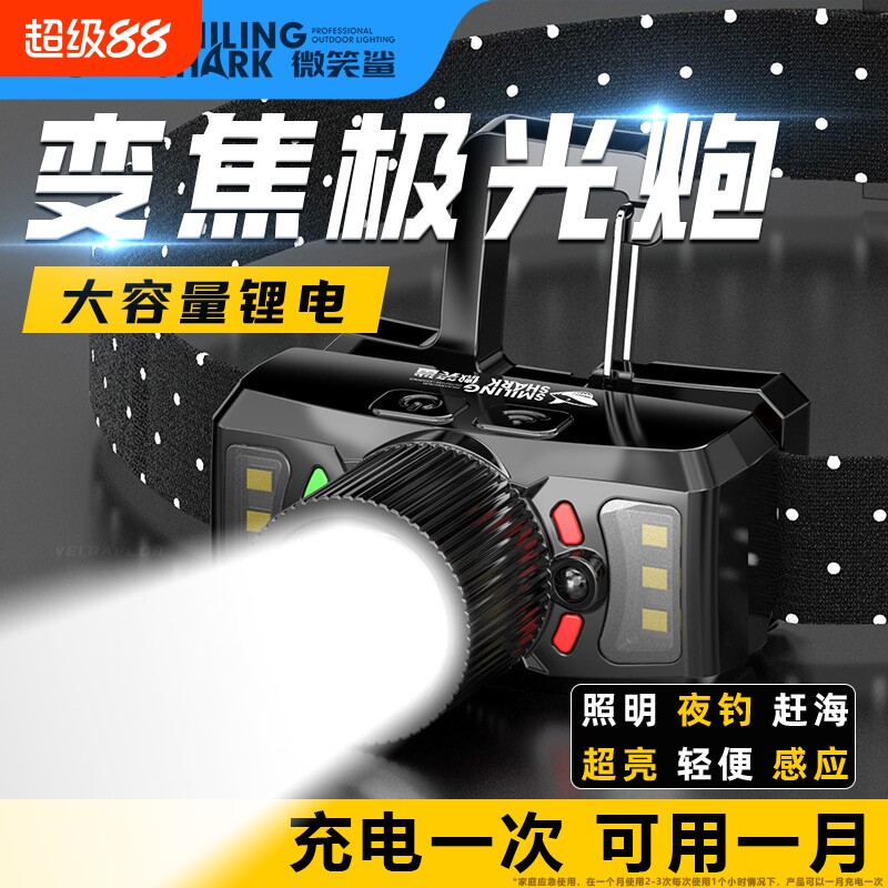 微笑鲨变焦头灯LED照明强光超亮超长续航钓鱼夜钓户外登山头戴式图片
