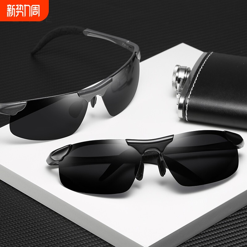 新款偏光太阳镜近视镜男款运动黑色太阳眼镜8177金属复古半框变色