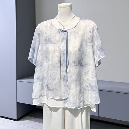 妈妈夏装雪纺小衫2026新款中老年人女装夏季短袖上衣服两件套开衫