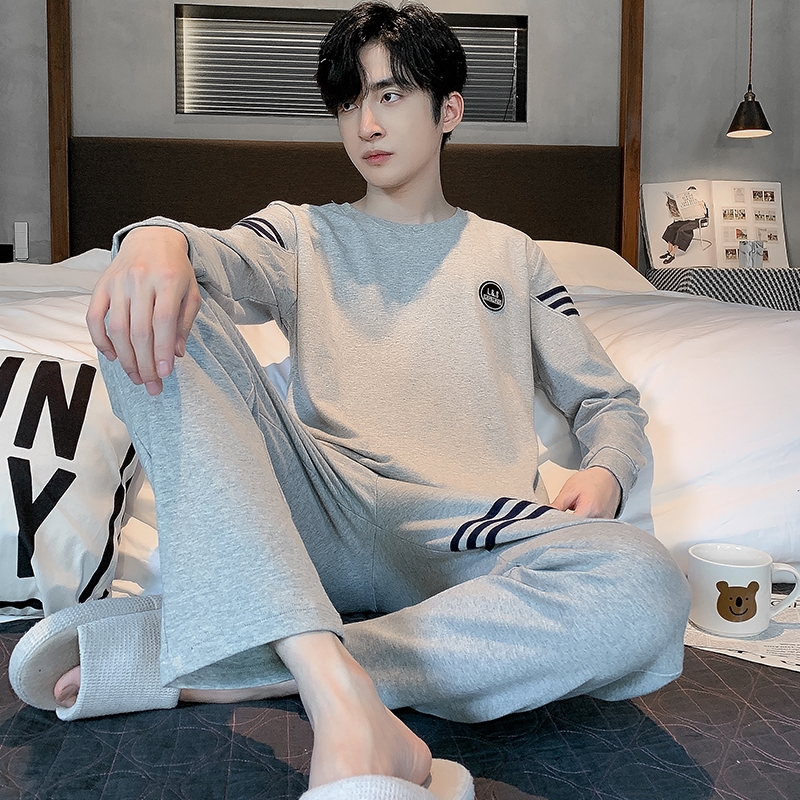 春秋季长袖棉质睡衣男简约休闲圆领两件套装秋天中青年宽松家居服