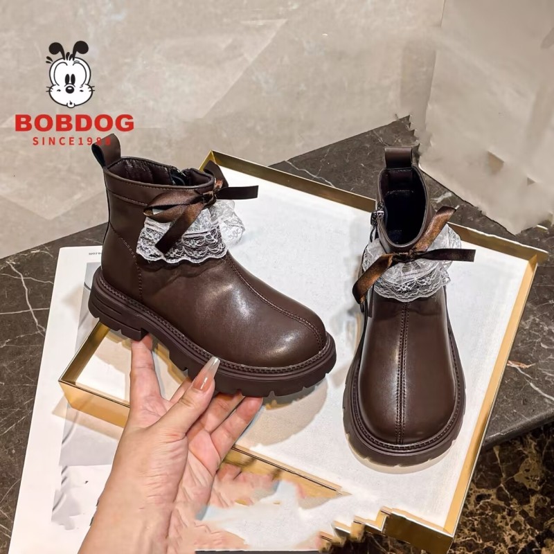巴布豆女童加绒蕾丝皮靴2025冬季新款儿童鞋加绒保暖棉鞋儿童靴子