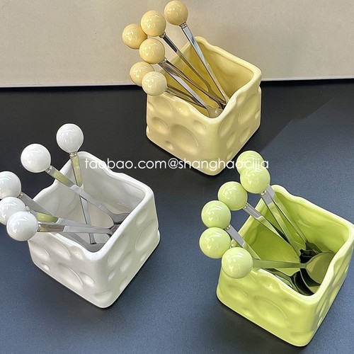 ins韩国可爱奶酪陶瓷叉子勺子不锈钢水果签蛋糕甜品勺收纳罐套装