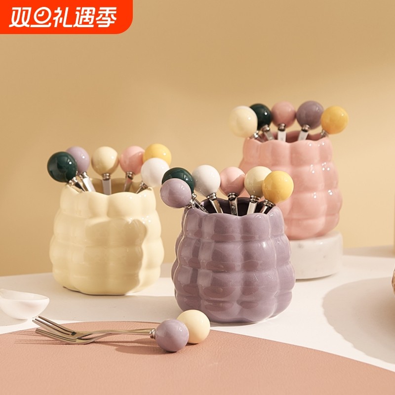 水果叉套装奶油风收纳罐叉子家用陶瓷少女心高颜值创意可爱瓶罐