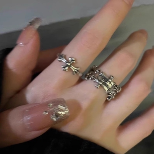 暗黑风朋克十字架开口戒指女复古做旧对戒轻奢小众设计高级感尾戒