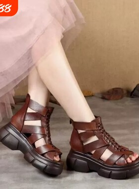 意尔康心选新款复古皮面厚底高帮凉靴女高跟镂空软皮凉鞋坡跟鱼嘴