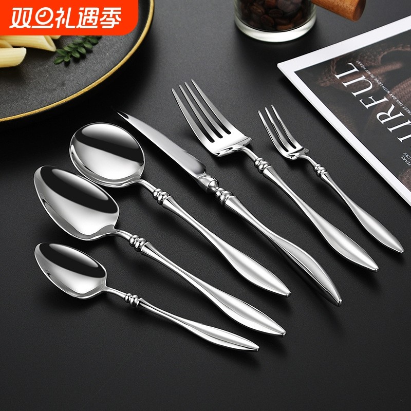 法式304不锈钢刀叉勺镜面高档酒店餐具尖尾柳叶柄牛排刀叉套装