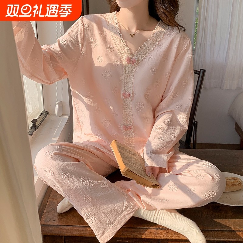 睡衣女春秋款云朵棉长袖套装2025新款带胸垫女士可外穿大码家居服