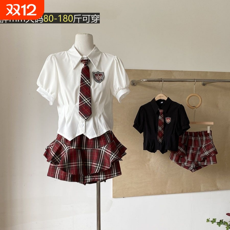 辣妹大码显瘦短袖T恤jk领带上衣高腰格子半身短裙学院风套装衬衫