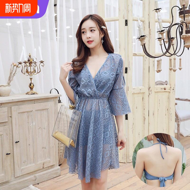 分体三件套游泳衣女带钢托性感甜美蕾丝泳衣度假温泉泳装厂家