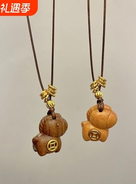 中式马上有钱木质吊坠项链吊坠长复古款项链女款毛衣配饰
