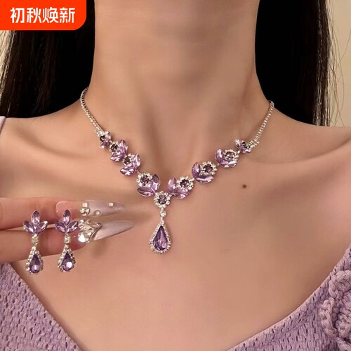 精致紫水钻锆石项链女轻奢宴会晚礼服锁骨链套装配饰颈链时尚新款