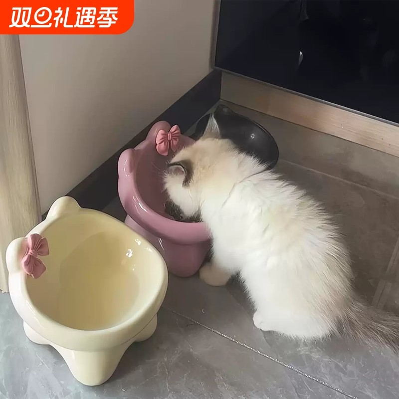 猫碗陶瓷碗可爱猫食盆喝水猫粮罐头保护颈椎不易打翻防黑下巴狗碗