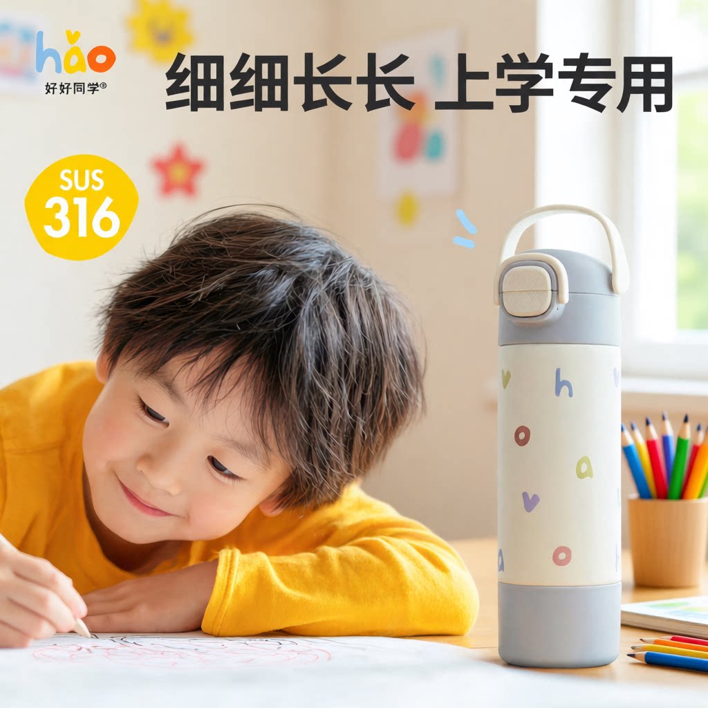 好好同学保温杯水杯女2026高颜值学生专用水壶男上学细长吸管便携