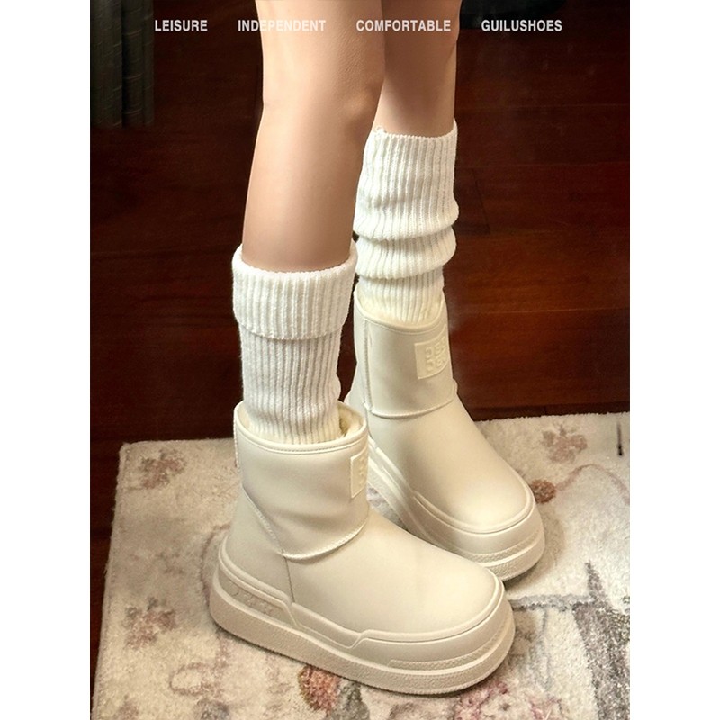 真皮版~厚底保暖圆头雪地靴女2025冬季新款加绒毛毛棉鞋毛绒白色