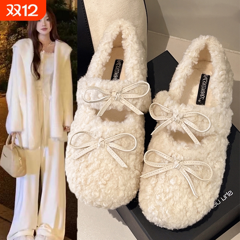 白色法式勃肯毛毛鞋女外穿加绒保暖秋冬季2025新款羊羔毛棉拖鞋子